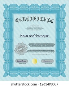 Light blue Diploma template. Easy to print. Artistry design. Detailed. 