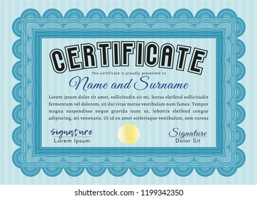 Light blue Diploma template. Elegant design. Vector illustration. With guilloche pattern. 