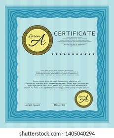 Light blue Diploma template. Elegant design. Detailed. With complex linear background. 