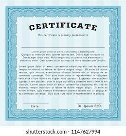 Light blue Diploma template. Excellent design. With guilloche pattern. Detailed. 