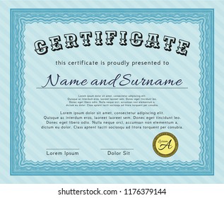 Light blue Diploma template. Good design. Detailed. With background. 