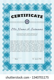 Light blue Diploma template. Good design. Customizable, Easy to edit and change colors. With guilloche pattern and background. 