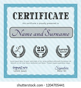 Light blue Diploma template. With great quality guilloche pattern. Nice design. Customizable, Easy to edit and change colors. 