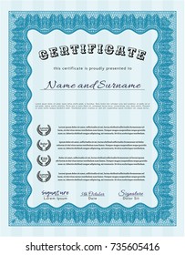Light blue Diploma template. With great quality guilloche pattern. Vector illustration. Good design. 