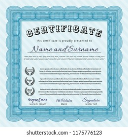 Light blue Diploma template. With guilloche pattern. Vector illustration. Money design. 