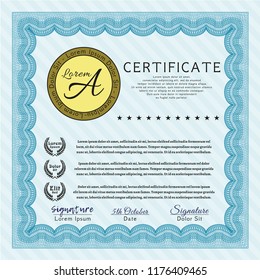 Light blue Diploma template. With guilloche pattern and background. Money style design. Customizable, Easy to edit and change colors. 