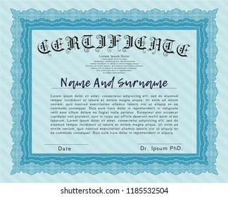 Light blue Diploma template. With guilloche pattern. Sophisticated design. Vector illustration. 