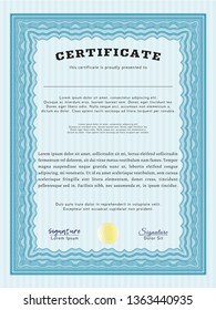 Light blue Diploma template. With guilloche pattern and background. Superior design. Vector illustration. 