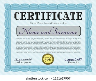 Light blue Diploma template. With linear background. Vector illustration. Cordial design. 
