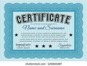 Light blue Diploma template. With linear background. Vector illustration. Superior design. 