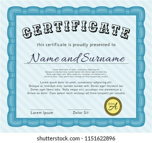 Light blue Diploma template. Modern design. Detailed. Easy to print. 