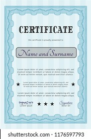 Light blue Diploma template. Modern design. Customizable, Easy to edit and change colors. With guilloche pattern. 