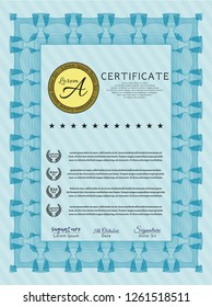 Light blue Diploma template. Nice design. With great quality guilloche pattern. Vector illustration. 
