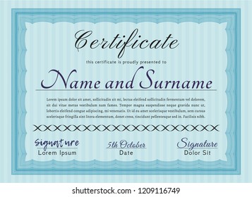 Light blue Diploma template. Perfect design. Vector illustration. Easy to print. 