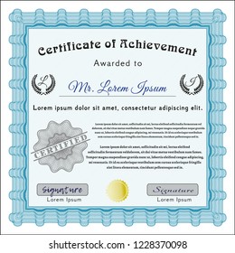 Light blue Diploma template. Perfect design. With great quality guilloche pattern. Vector illustration. 