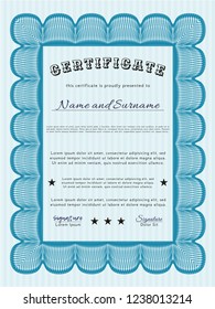 Light blue Diploma template. Perfect design. With complex linear background. Detailed. 