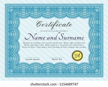 Light blue Diploma template. Printer friendly. Good design. Customizable, Easy to edit and change colors. 