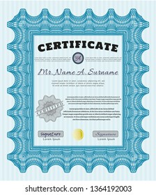 Light blue Diploma template. Printer friendly. Cordial design. Detailed. 