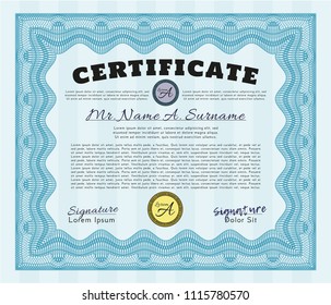 Light blue Diploma template. With quality background. Superior design. Detailed. 