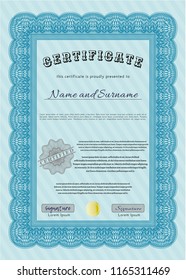 Light blue Diploma template. With quality background. Customizable, Easy to edit and change colors. Nice design. 