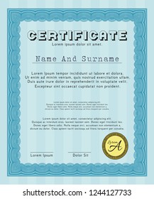 Light blue Diploma template. With quality background. Detailed. Money Pattern design. 