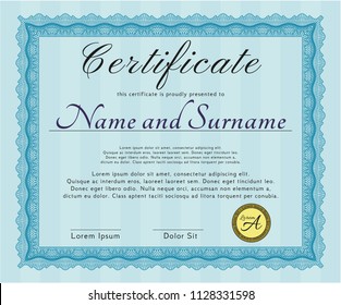 Light blue Diploma template. Sophisticated design. Vector illustration. Easy to print. 