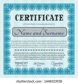 Light blue Diploma template. Superior design. Easy to print. Detailed. 