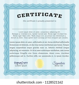 Light blue Diploma template. Vector illustration. Complex background. Money design. 