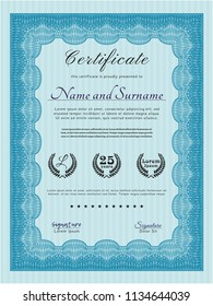 Light blue Diploma template. Vector illustration. With guilloche pattern and background. Cordial design. 