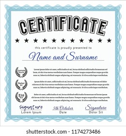 Light blue Diploma template. Vector illustration. With guilloche pattern. Cordial design. 