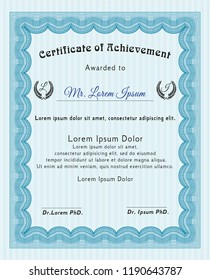 Light blue Diploma template. Vector illustration. With great quality guilloche pattern. Perfect design. 