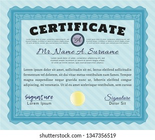 Light blue Diploma template. Vector illustration. With linear background. Retro design. 