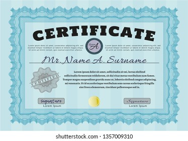 Light blue Diploma template. Vector illustration. Easy to print. Nice design. 