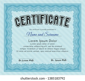 Light blue Diploma template. Vector illustration. With background. Modern design. 