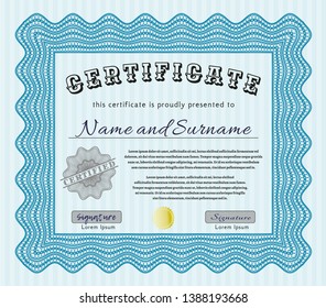Light blue Diploma template. Vector illustration. With linear background. Nice design. 