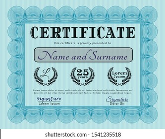 Light blue Diploma template. Vector illustration. With linear background. Elegant design. 