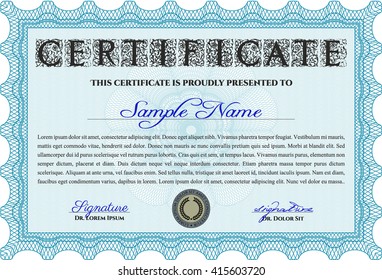 Hellblaue Diplomvorlage. Vektorgrafik. Hervorragendes Design. Mit komplexem Hintergrund. 
