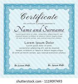 Light blue Diploma. Vector illustration. With great quality guilloche pattern. Sophisticated design. 