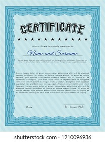 Light blue Diploma. Vector illustration. With complex linear background. Good design. 