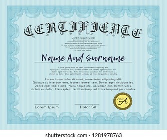 Light blue Diploma. Vector illustration. With quality background. Excellent design. 
