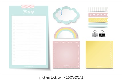 light blue to do list. cloud and rainbow paper note. with cute index set - binder paper clip-Vector Illustration