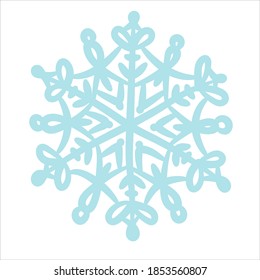 Light blue doodle snowflake isolated on white background. Hand drawn illustration.