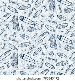 Light blue doodle style surfing boards, waves and lettering signs vector seamless pattern