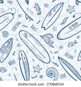 Light blue doodle surfing boards vector seamless pattern