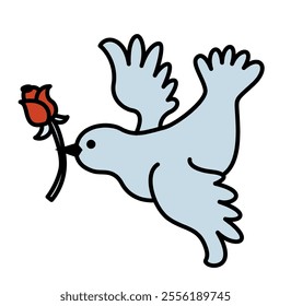 A light blue dove holding a red rose in its beak, beautifully illustrated in vector style and isolated on a white background.