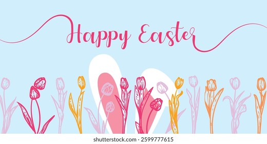 Light blue Easter banner design with hand drawn vector cute rabbit ears and spring flowers like tulips. Happy Easter design for banners, social media, invitations, web and print.