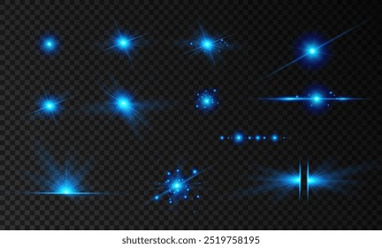 Light blue effect reflections, neon illumination in white colors. Bright light lens. Police light effects, lines. Shiny stars, glowing sparks on a black background. Vector blue light effect