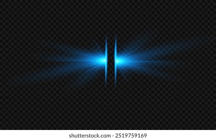 Light blue effect reflections, neon illumination in white colors. Bright light lens. Police light effects, lines. Shiny stars, glowing sparks on a black background. Vector blue light effect