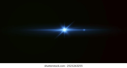 Light blue effect reflections, neon illumination in blue colors. Bright light lens. Police light effects, lines. Shiny stars, glowing sparks on a black background. Vector red light effect