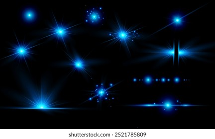 Light blue effect reflections, neon illumination in white colors. Bright light lens. Police light effects, lines. Shiny stars, glowing sparks on a black background. Vector blue light effect